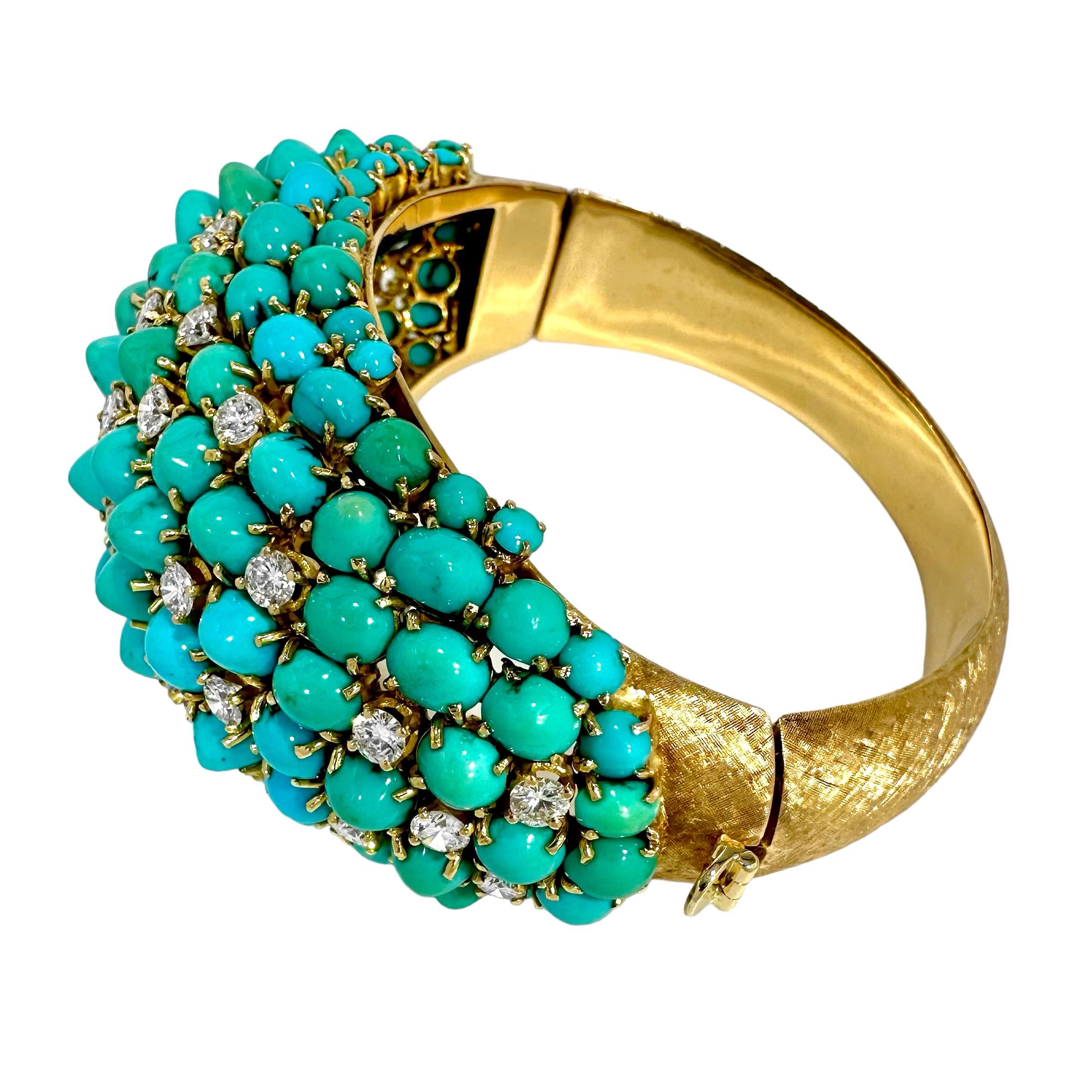 Brilliant Cut Vintage, Massive Scale, Gold, Diamond and Turquoise Bombe Dome Cocktail Bracelet For Sale
