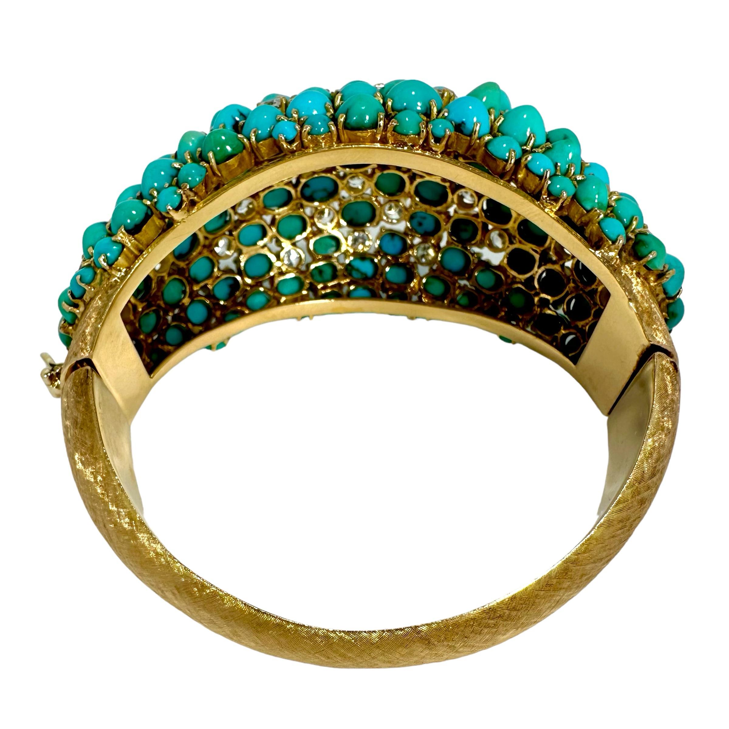 Vintage, Massive, 18k Gold, Diamond & Turquoise Bombe Dome Cocktail Bracelet In Good Condition For Sale In Palm Beach, FL