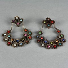 Vintage Massive SCOOTER PARIS Ethnic Jewelled Flower Dangling Earrings