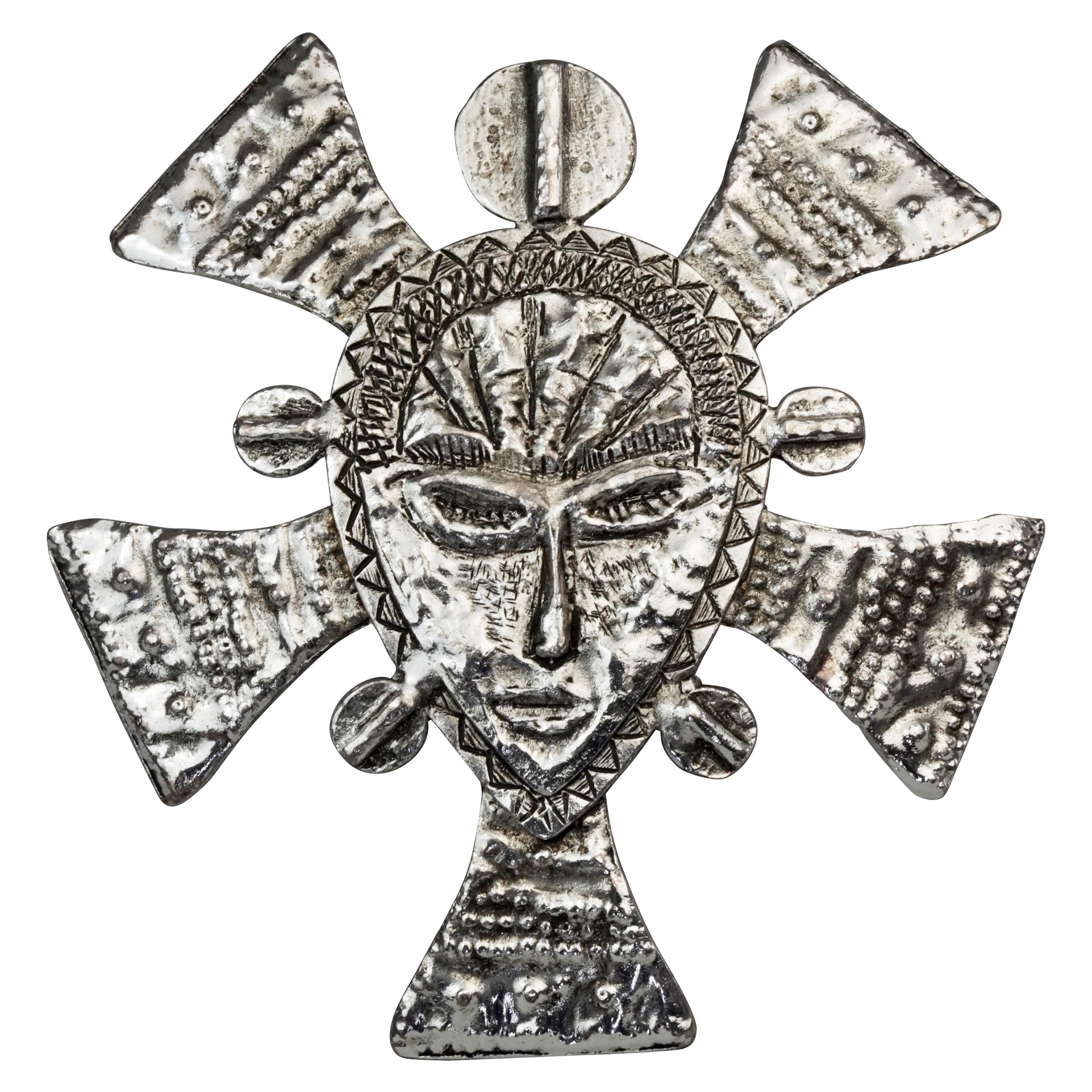 Vintage Massive XAVIER LOUBENS Ethnic Face Silver Brooch For Sale