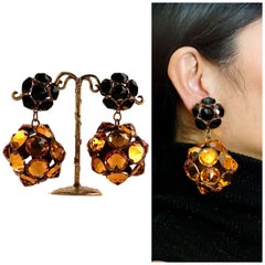 Vintage Massive YSL Yves Saint Laurent Disco Ball Rhinestone Flower Earrings