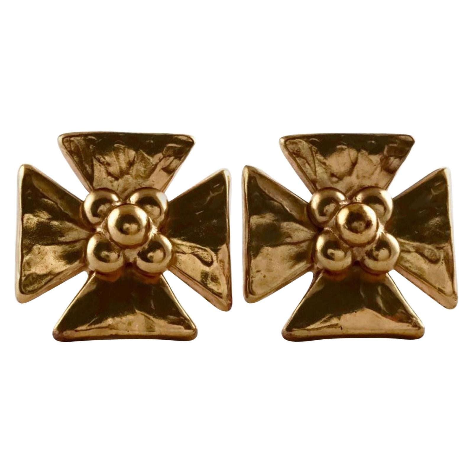 Vintage Massive YSL Yves Saint Laurent Maltese Cross Flower Earrings For Sale