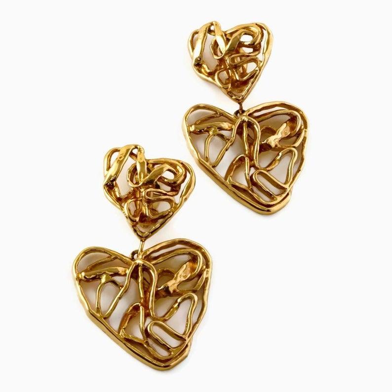 Vintage Massive YSL Yves Saint Laurent Openwork Heart Drop Earrings In Excellent Condition In Kingersheim, Alsace