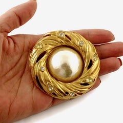 Vintage Massive YSL Yves Saint Laurent Pearl Rhinestone Swirl Pendant Brooch