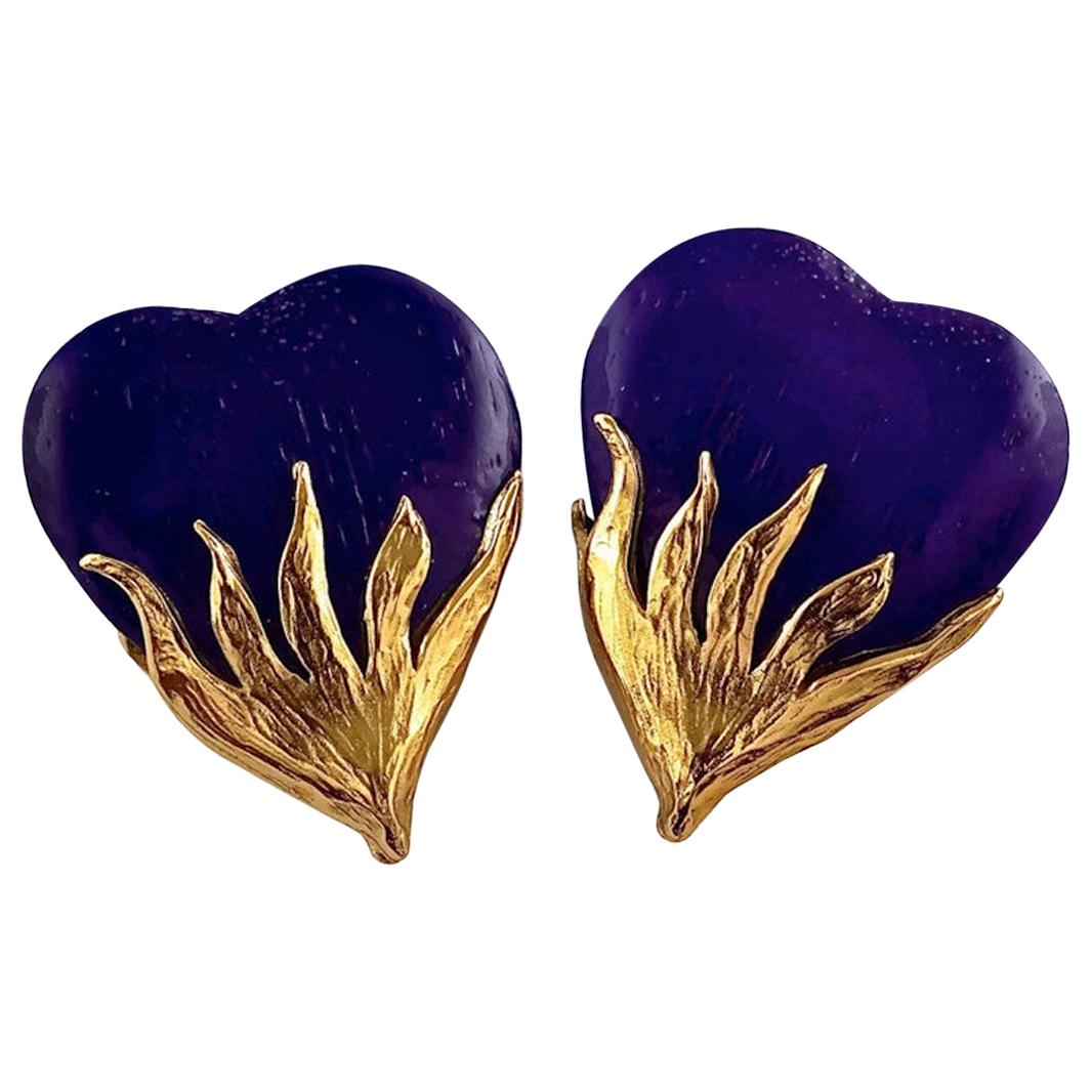 Vintage Massive YSL Yves Saint Laurent Wood Purple Heart Textured Gilt Earrings