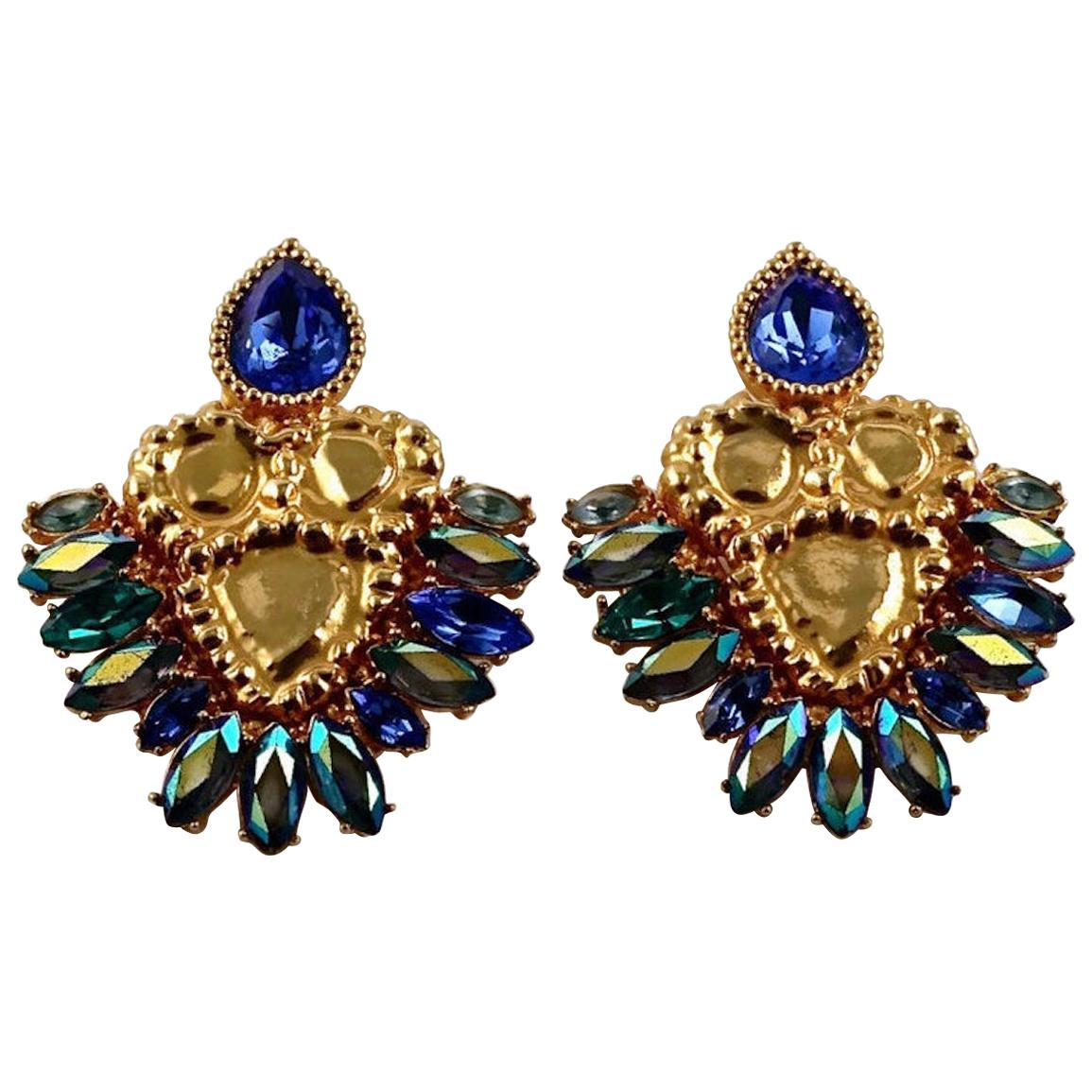 Vintage Massive YVES SAINT LAURENT Iridescent Rhinestones Jewelled Earrings For Sale