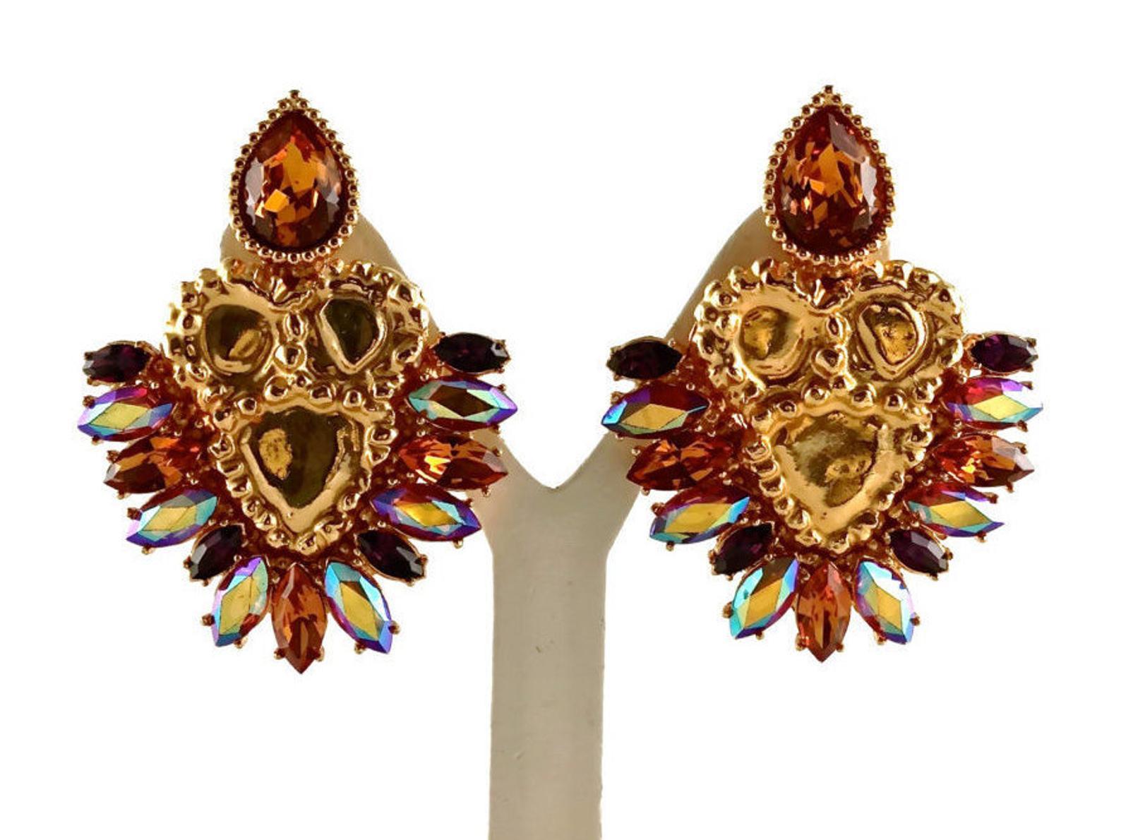 Women's Vintage Massive YVES SAINT LAURENT Iridescent Topaz Rhinestone Jewelled Earrings