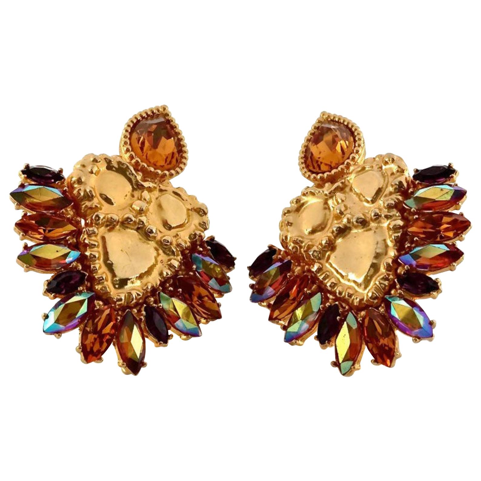Vintage Massive YVES SAINT LAURENT Iridescent Topaz Rhinestone Jewelled Earrings