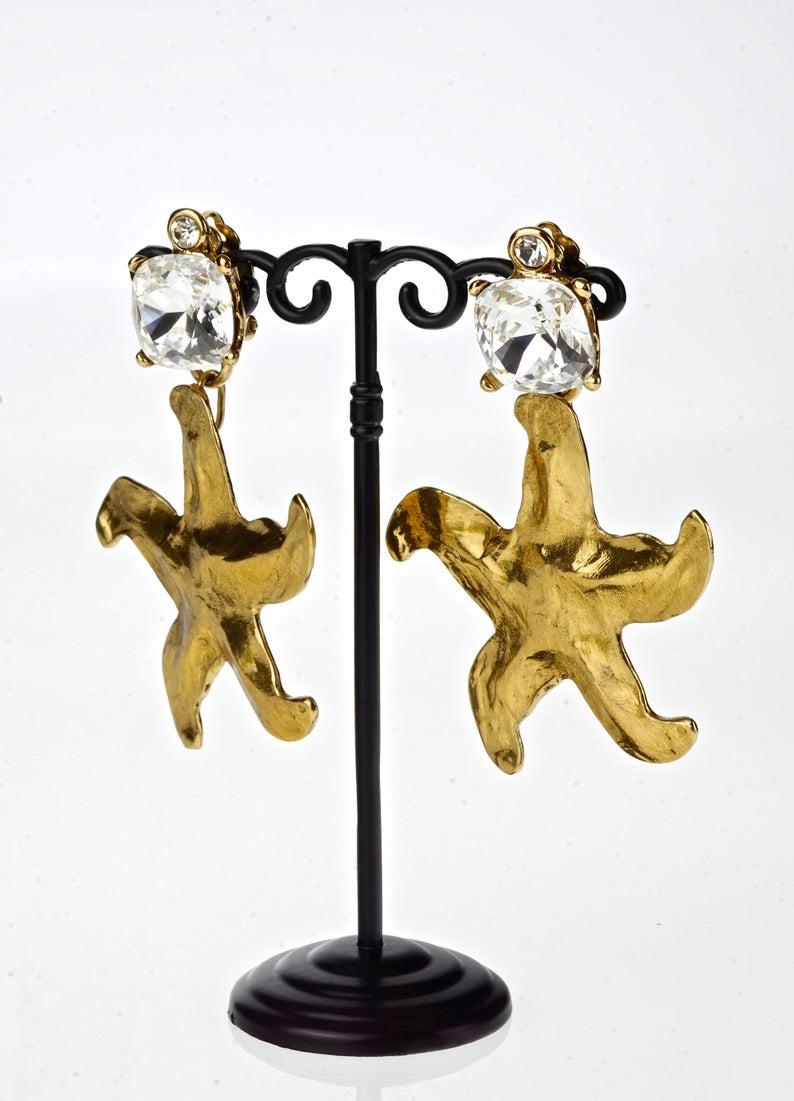 Vintage Massive YVES SAINT LAURENT Starfish Rhinestone Earrings In Excellent Condition For Sale In Kingersheim, Alsace