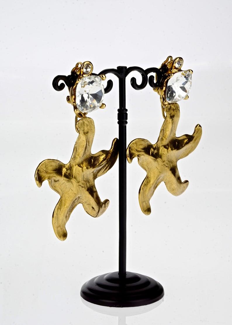 Women's Vintage Massive YVES SAINT LAURENT Starfish Rhinestone Earrings For Sale