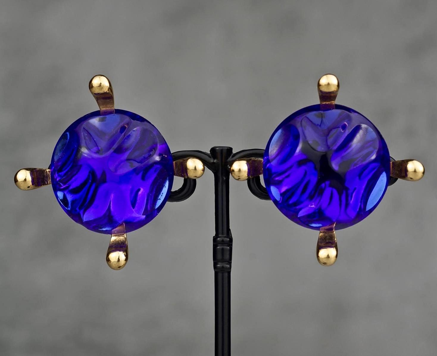 Vintage Massive YVES SAINT LAURENT Ysl Blue Glass Cabochon Earrings In Excellent Condition In Kingersheim, Alsace