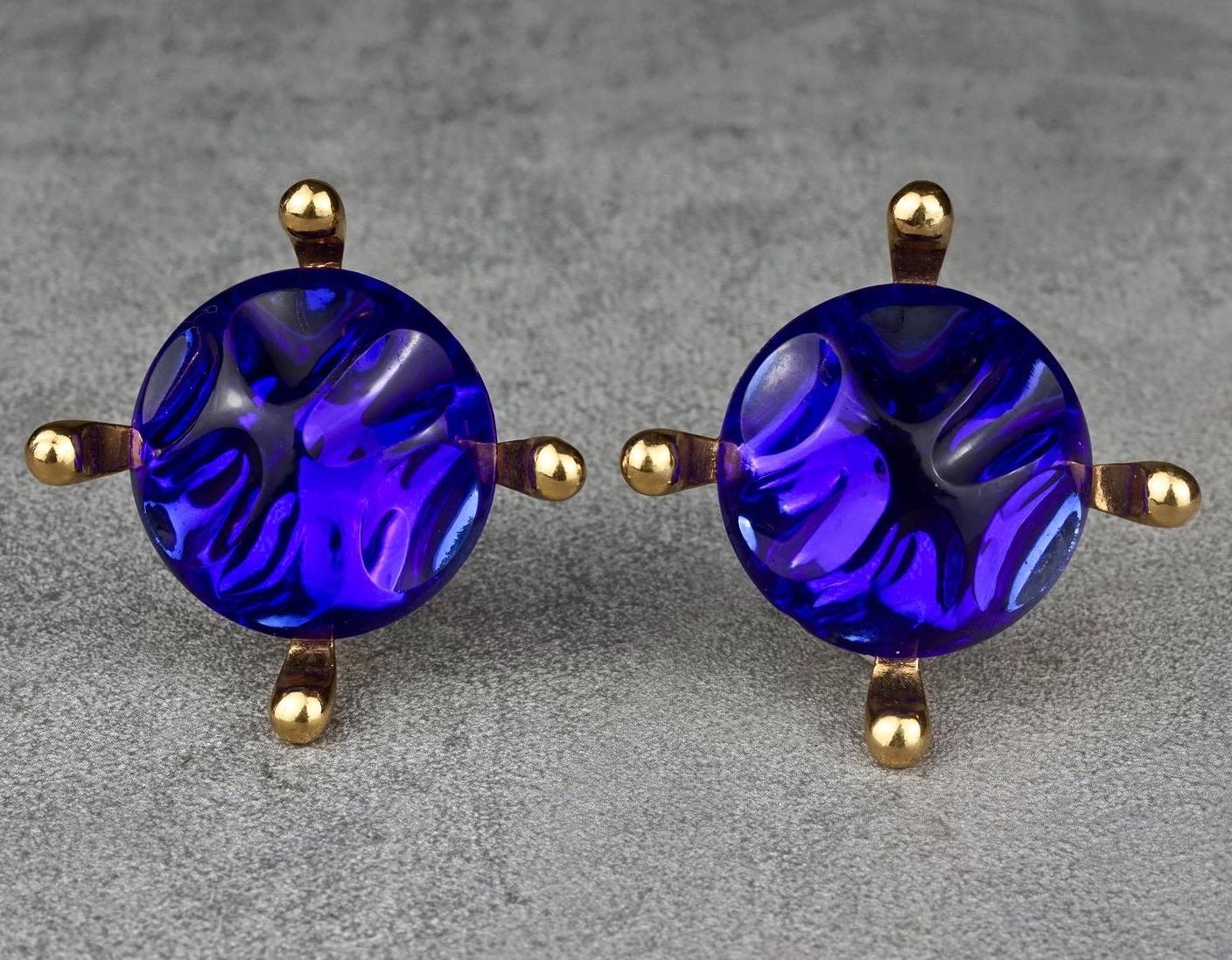 Women's Vintage Massive YVES SAINT LAURENT Ysl Blue Glass Cabochon Earrings