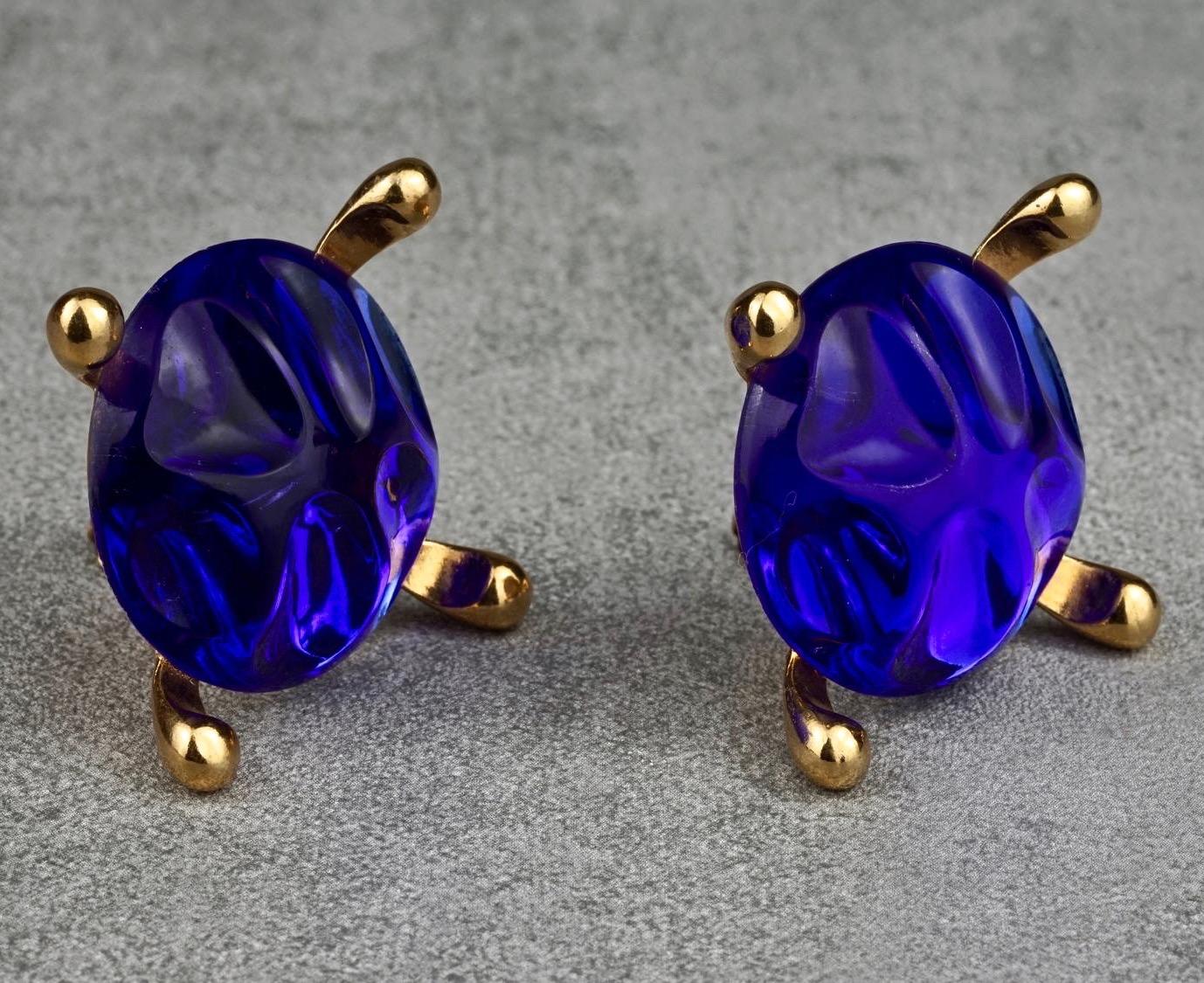 Vintage Massive YVES SAINT LAURENT Ysl Blue Glass Cabochon Earrings 1