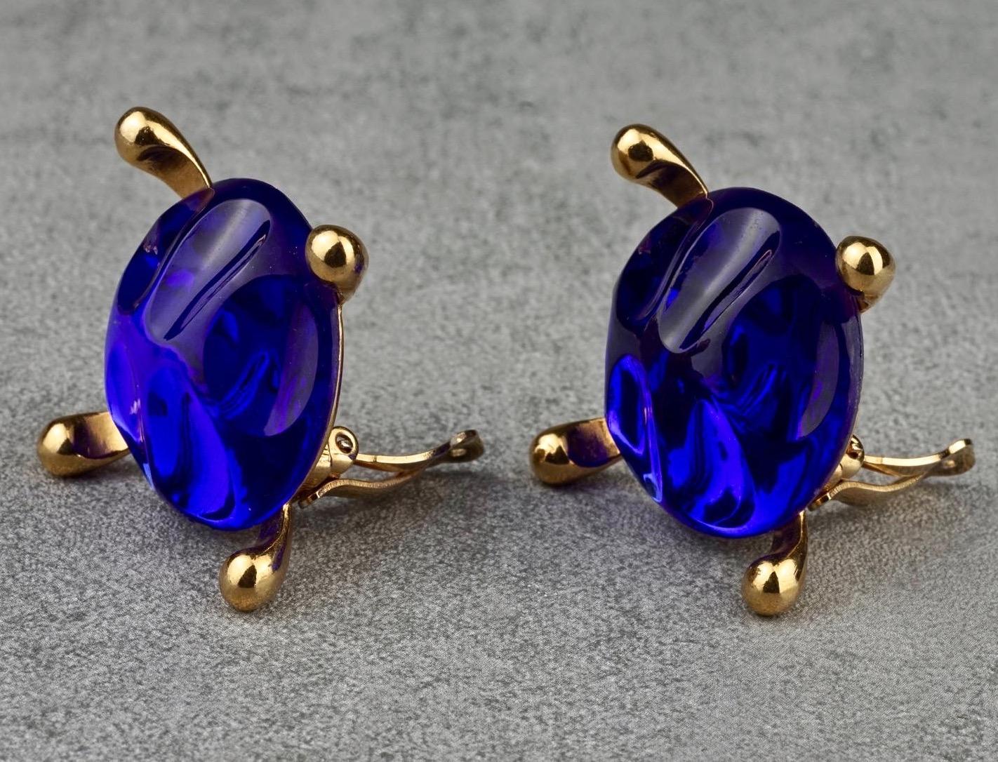 Vintage Massive YVES SAINT LAURENT Ysl Blue Glass Cabochon Earrings 2