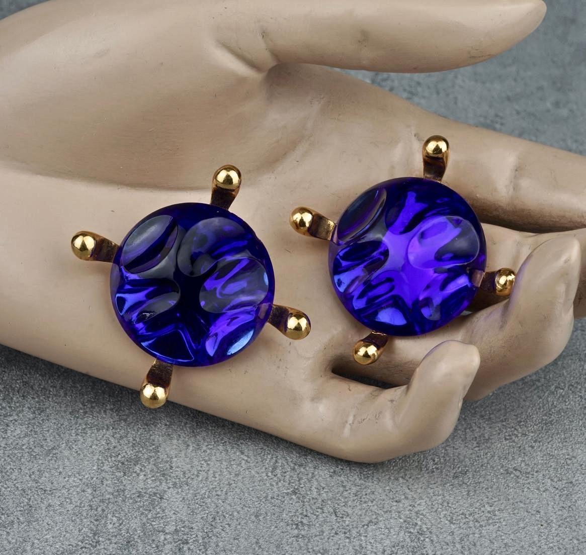 Vintage Massive YVES SAINT LAURENT Ysl Blue Glass Cabochon Earrings 3