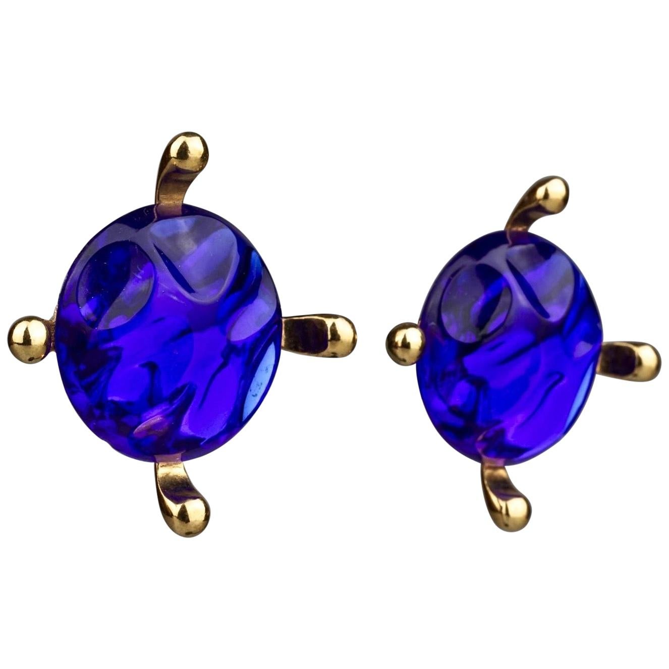 Vintage Massive YVES SAINT LAURENT Ysl Blue Glass Cabochon Earrings