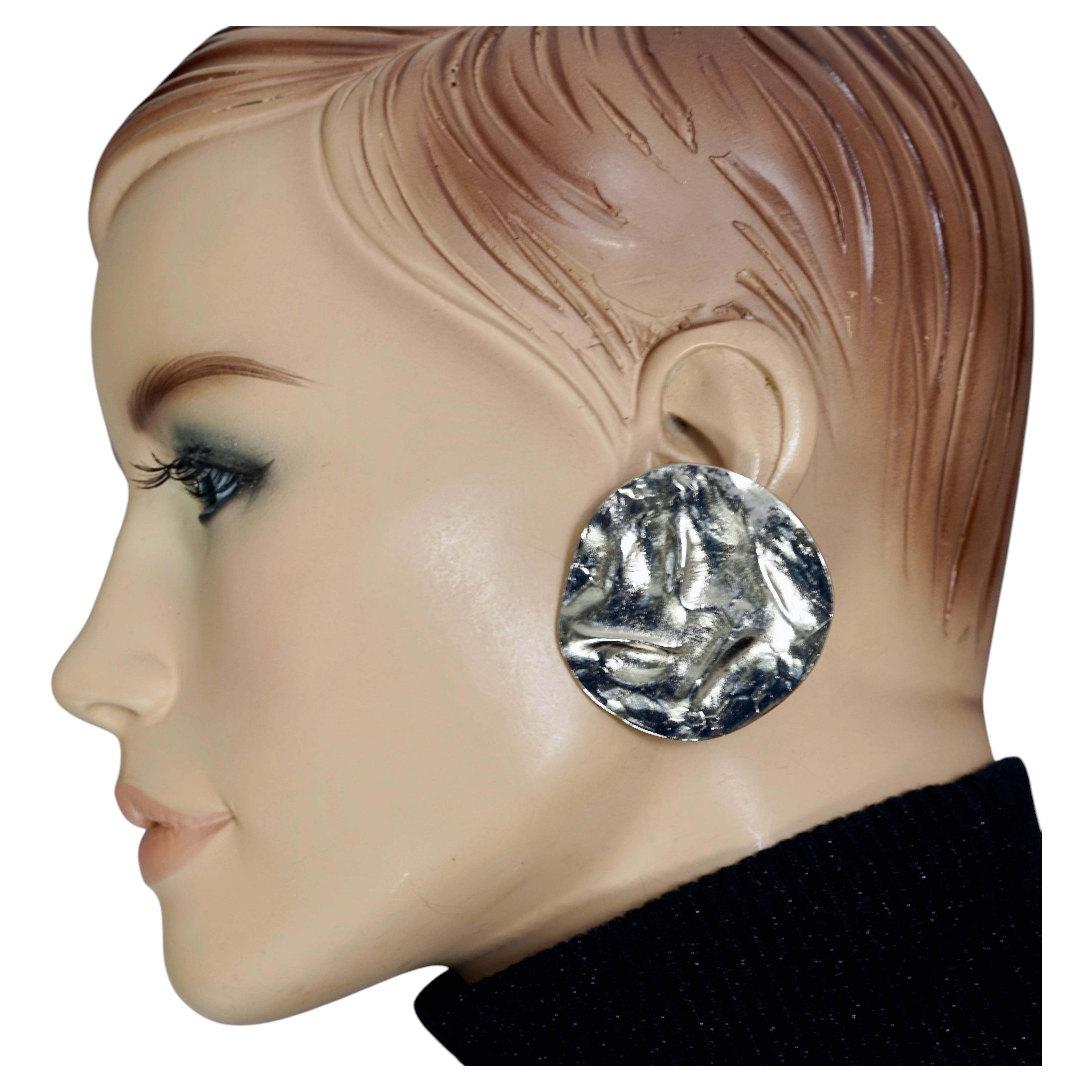 Vintage Massive YVES SAINT LAURENT Ysl by Goossens Silver Wrinkled Disc Earrings