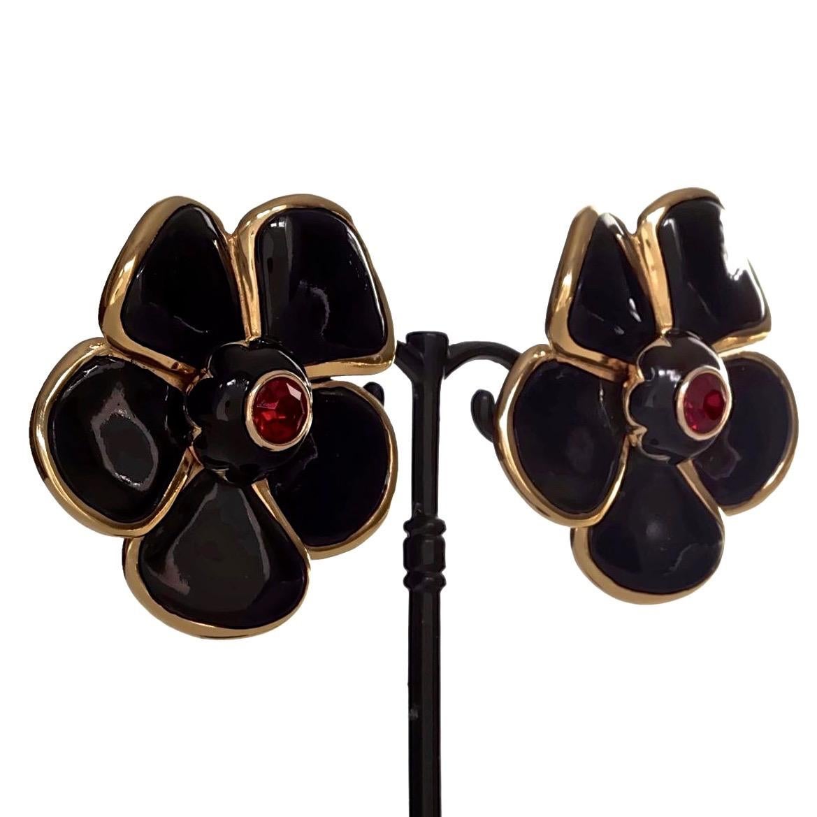 Women's Vintage Massive YVES SAINT LAURENT Ysl Flower Enamel Rhinestone Earrings