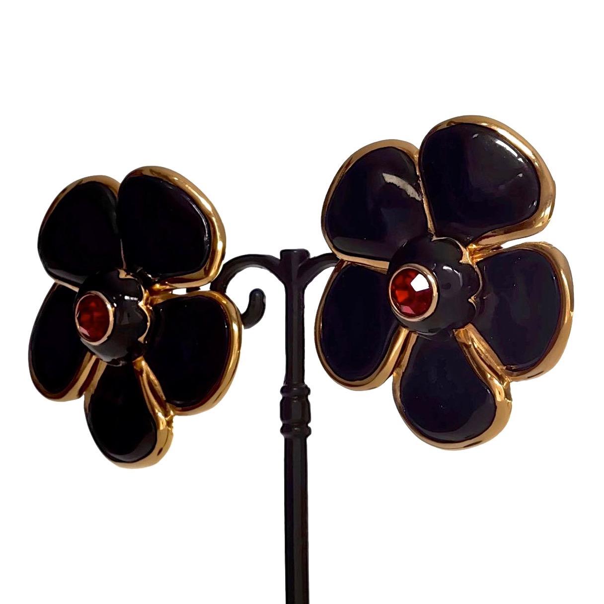 Vintage Massive YVES SAINT LAURENT Ysl Flower Enamel Rhinestone Earrings 1