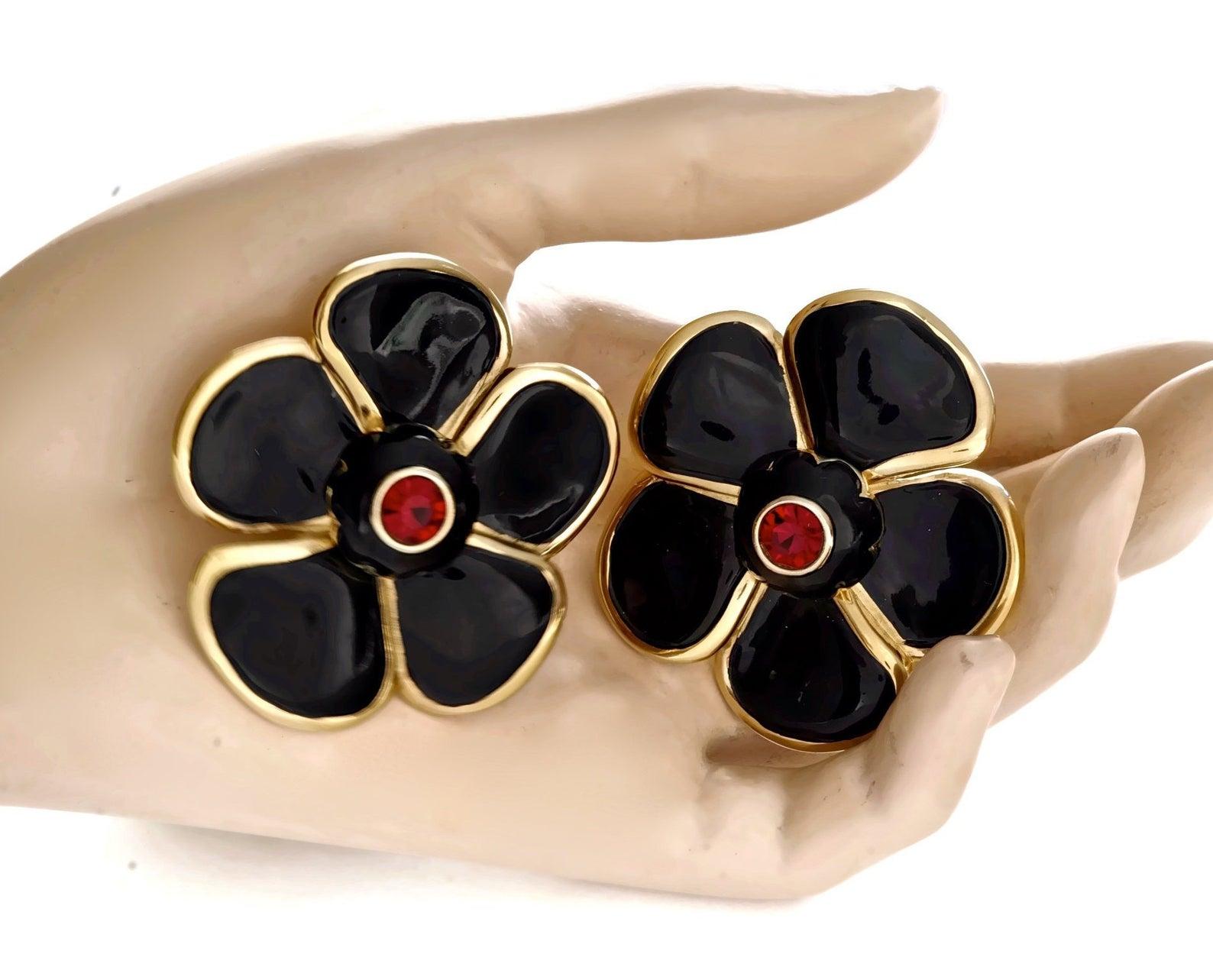 Vintage Massive YVES SAINT LAURENT Ysl Flower Enamel Rhinestone Earrings 2