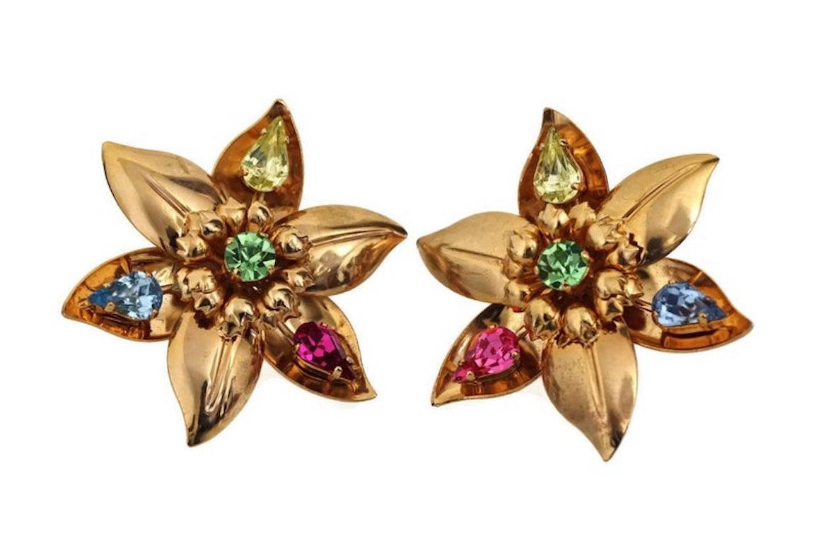 Vintage Massive YVES SAINT LAURENT Ysl Flower Rhinestone Earrings In Good Condition In Kingersheim, Alsace