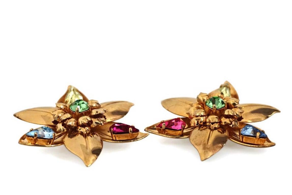 Women's Vintage Massive YVES SAINT LAURENT Ysl Flower Rhinestone Earrings