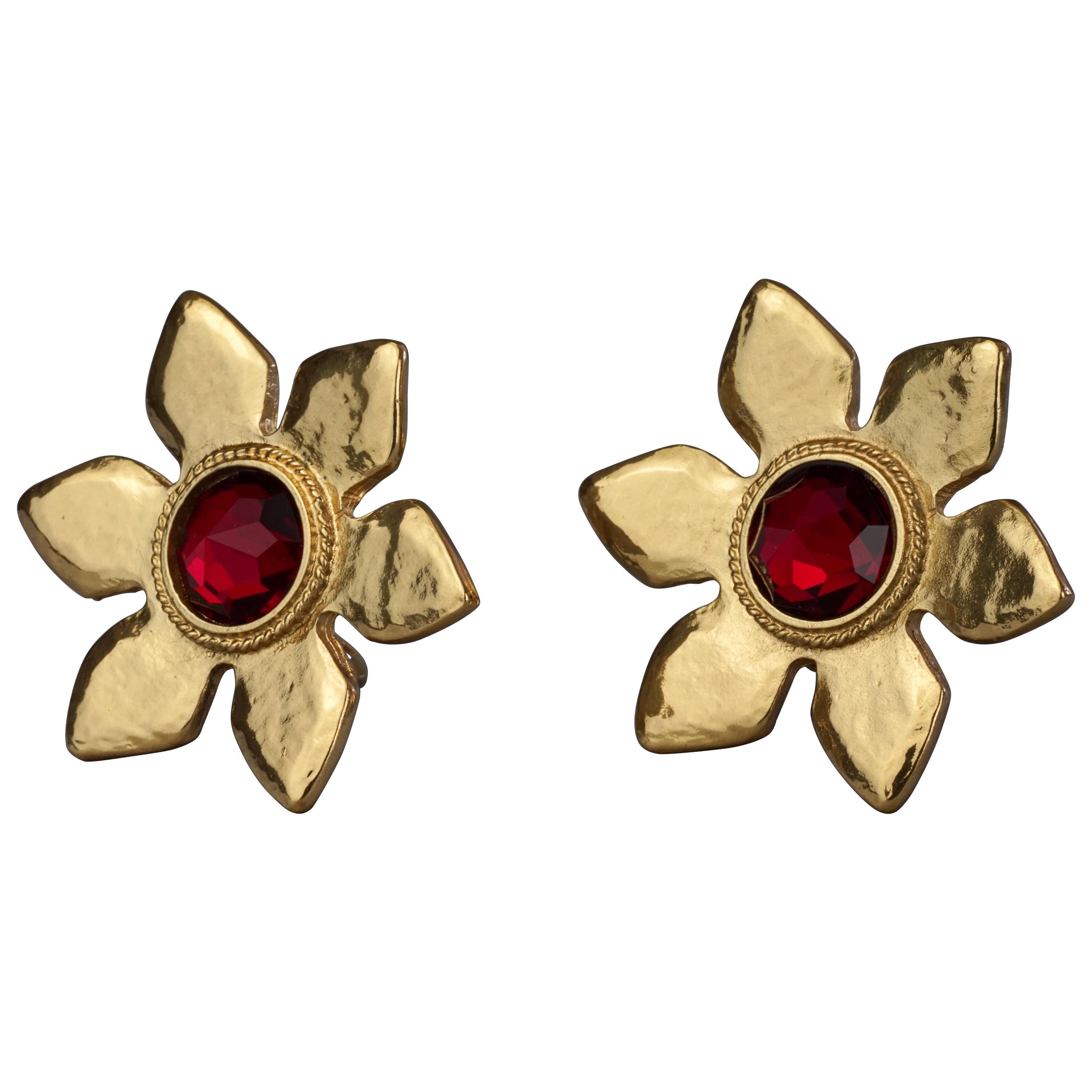 Vintage Massive YVES SAINT LAURENT Ysl Flower Ruby Red Stone Earrings