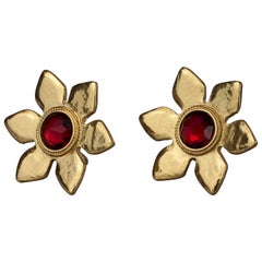 Vintage Massive YVES SAINT LAURENT Ysl Flower Ruby Red Stone Earrings