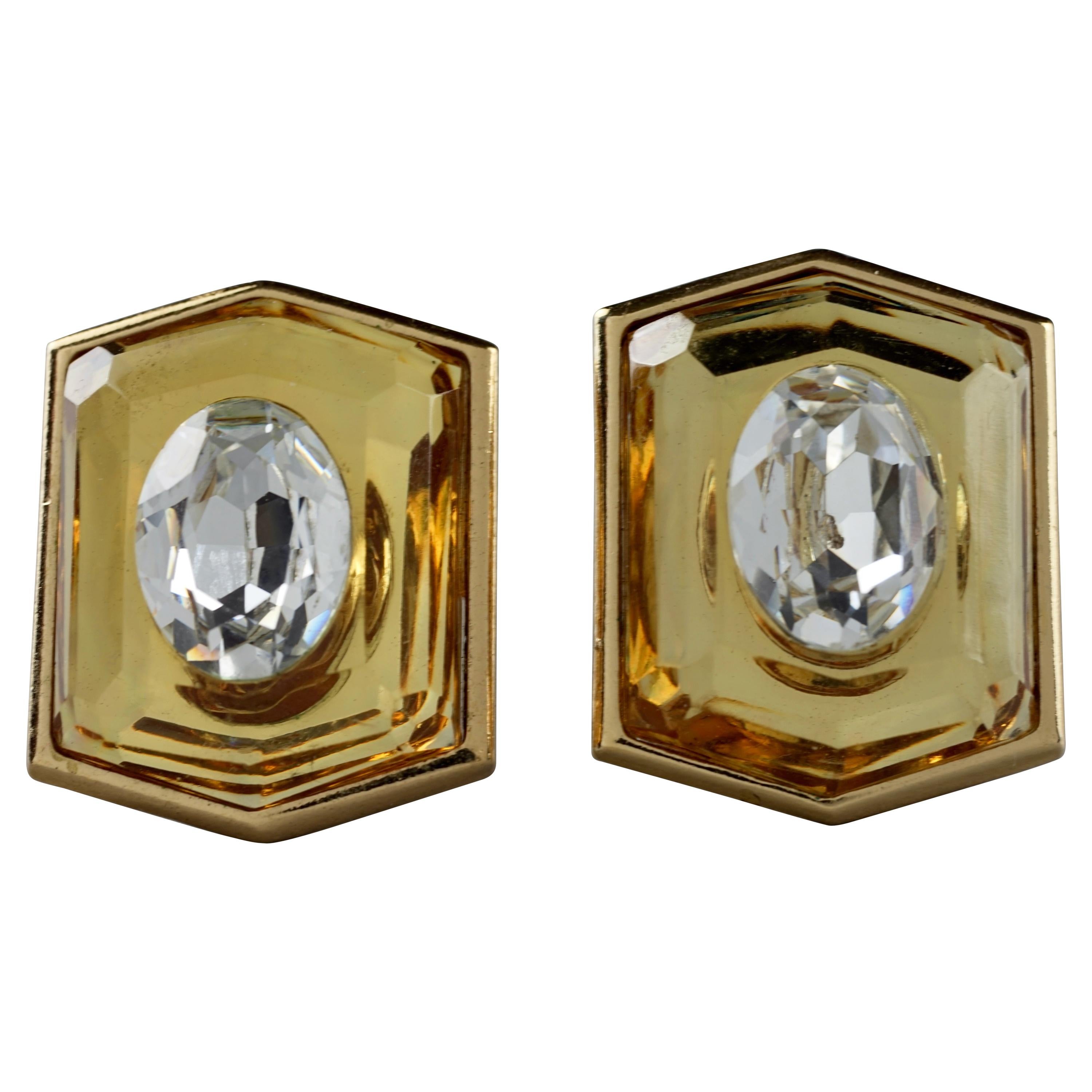 Vintage Massive YVES SAINT LAURENT Ysl Lucite Rhinestone Hexagon Earrings For Sale
