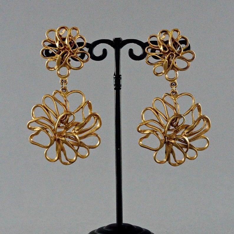 Vintage Massive YVES SAINT LAURENT Ysl Openwork Flower Wire Earrings For Sale 1