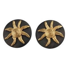 Vintage Massive YVES SAINT LAURENT Ysl Spiral Sun Disc Wood Earrings
