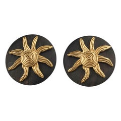 Vintage Massive YVES SAINT LAURENT Ysl Spiral Sun Disc Wood Earrings