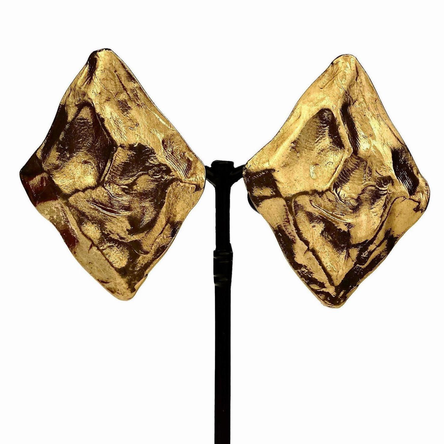 Vintage Massive YVES SAINT LAURENT Ysl Textured Diamond Shape Earrings 1