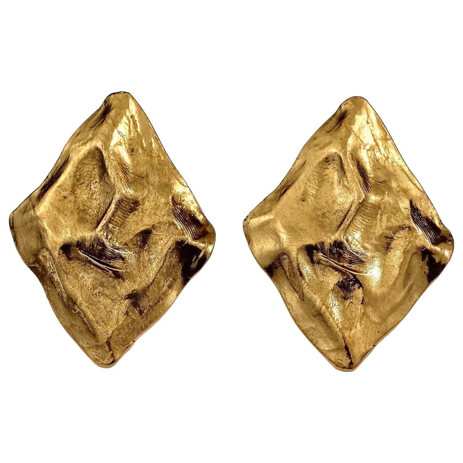 Vintage Massive YVES SAINT LAURENT Ysl Textured Diamond Shape Earrings