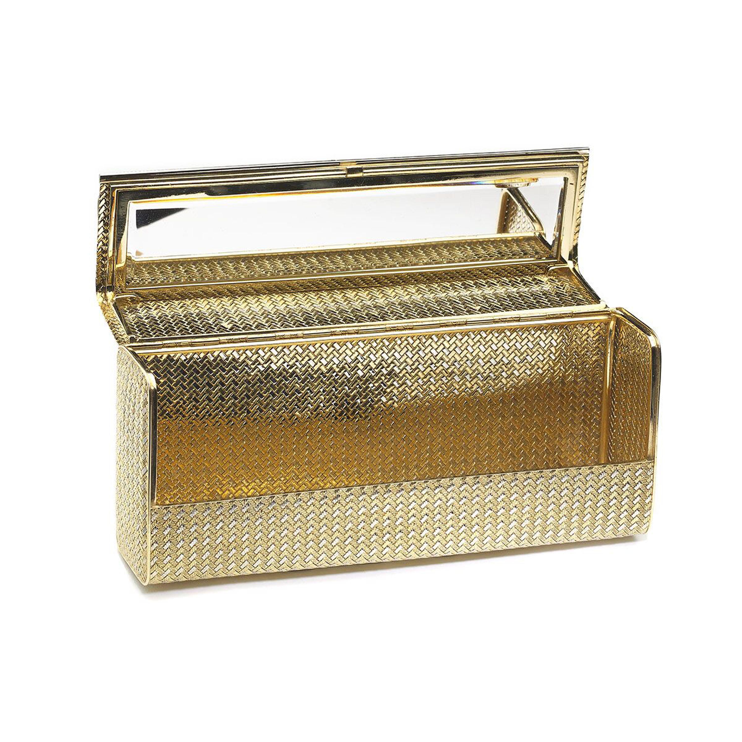 A vintage, Massoni, 18ct yellow and white woven gold evening bag, with an eight-cut diamond pavé set rhomb and a polished white gold edge, at the opening, with a bevelled mirror inside, signed Massoni, stamped 750 with Italian mark, 678AI, with a