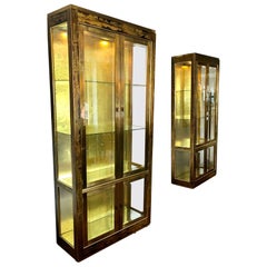 Vintage Mastercraft Bernhard Rohne Acid Etched Brass Pair Vitrines Curio Cabinet