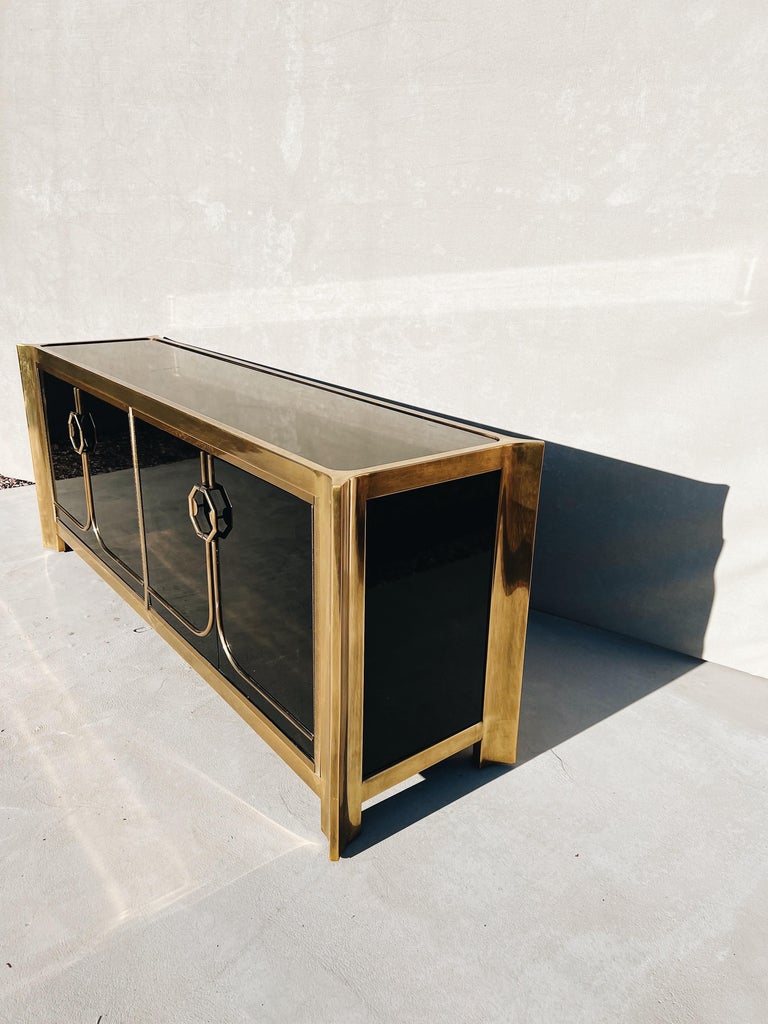 Unknown Vintage Mastercraft Brass and Black Lacquer Credenza For Sale