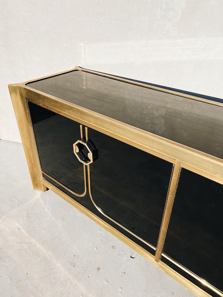 Lacquered Vintage Mastercraft Brass and Black Lacquer Credenza For Sale