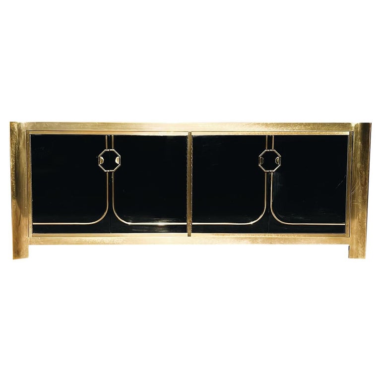 Vintage Mastercraft Brass and Black Lacquer Credenza For Sale