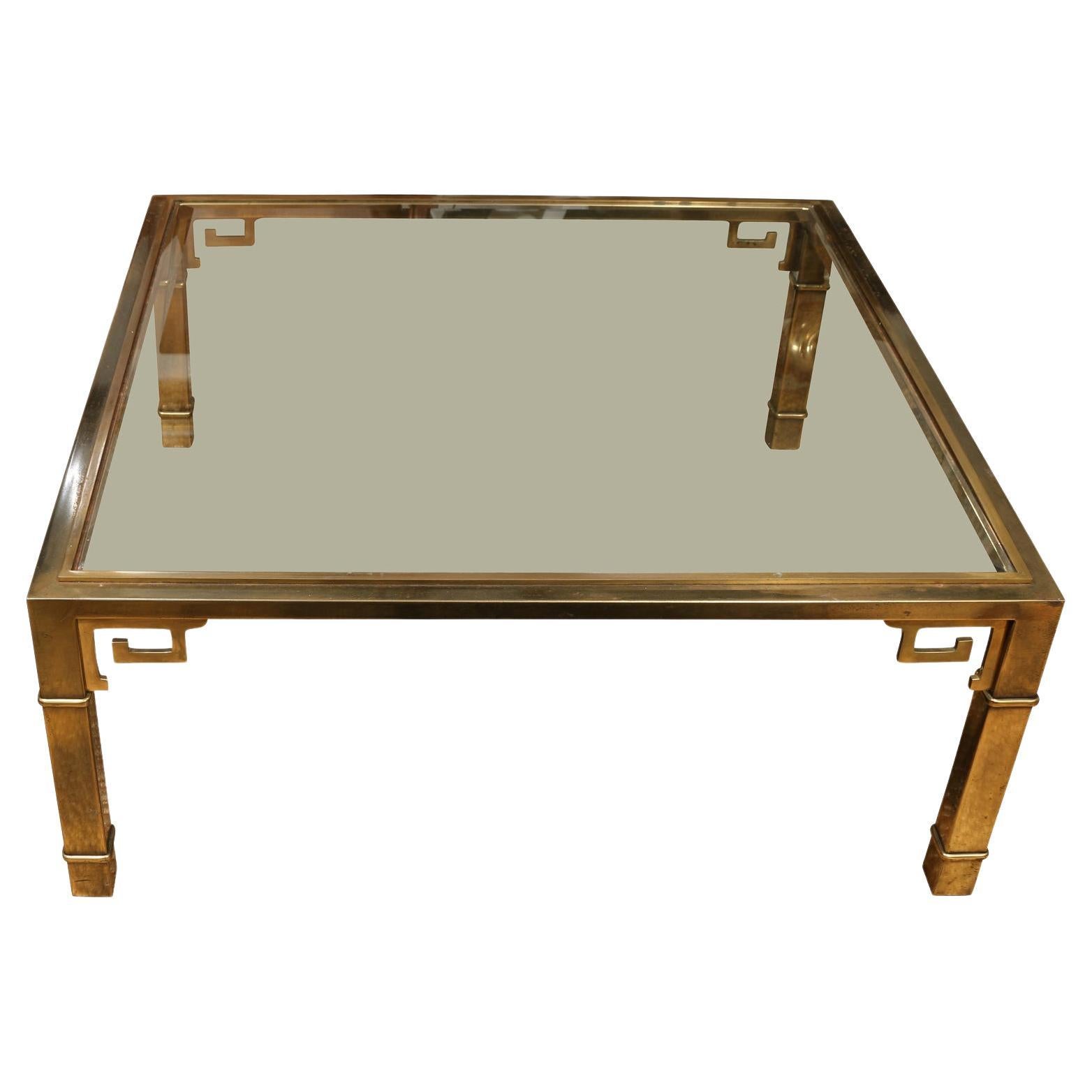 Large Square Brass and Glass Cocktail Table by Mastercraft For Sale at