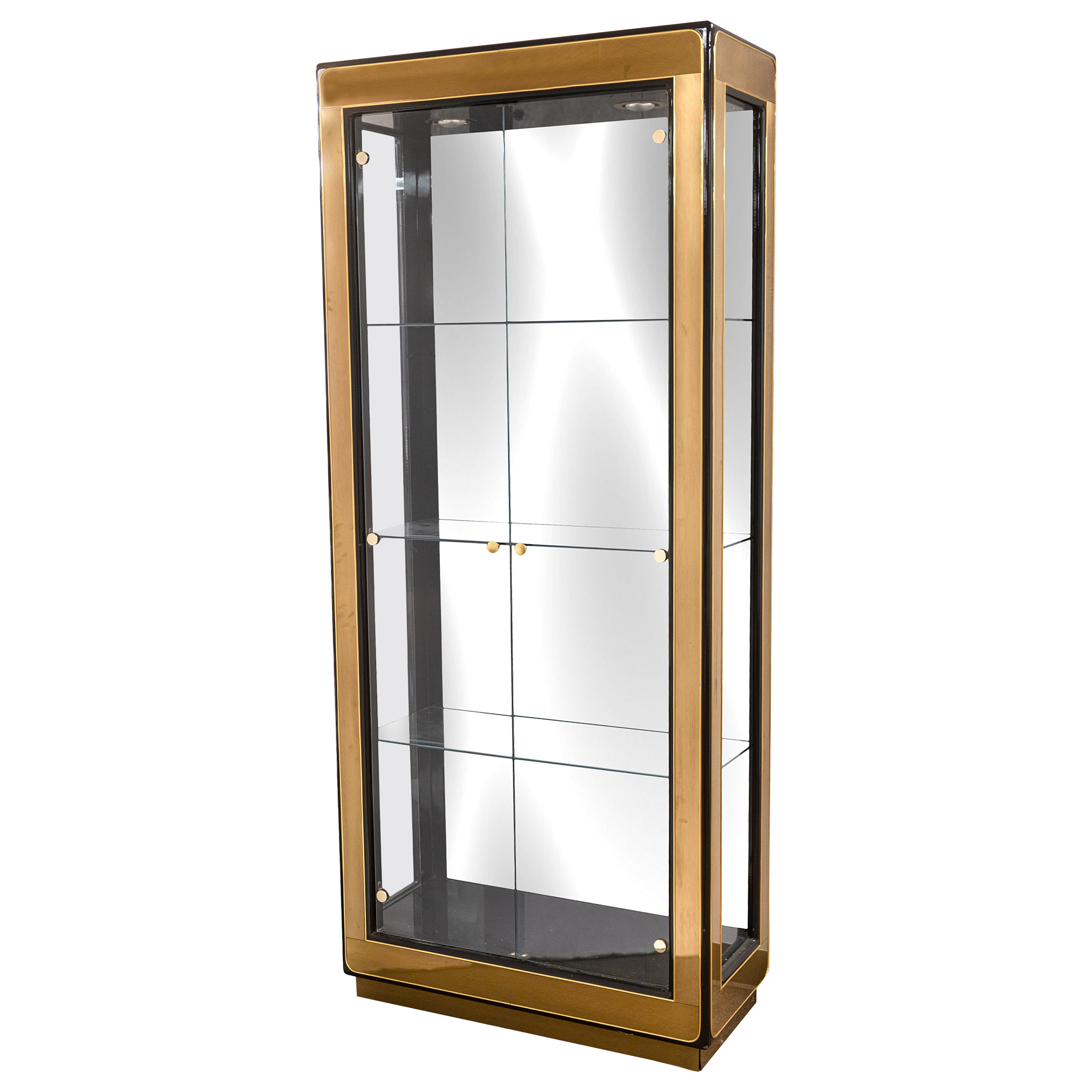 Vintage Mastercraft Brass and Glass Light Up Mirrored Etagere Shelving Unit