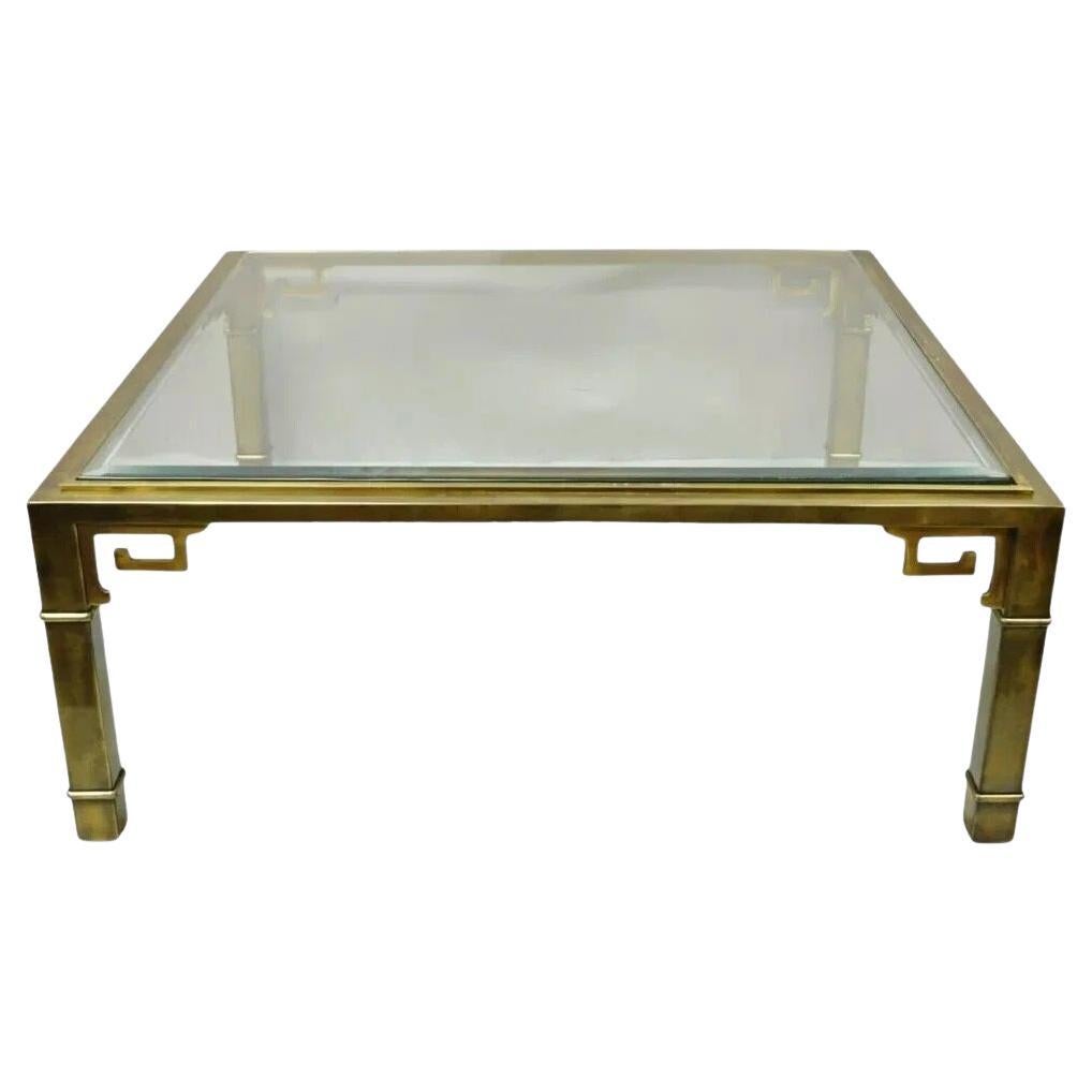 Table basse carrée 42" vintage Mastercrafters Brass Greek Key Glass Top Large Square