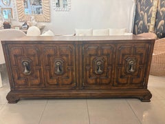 Vintage Mastercraft Credenza Sideboard 1970s Burl Wood & Brass Tassel Pulls