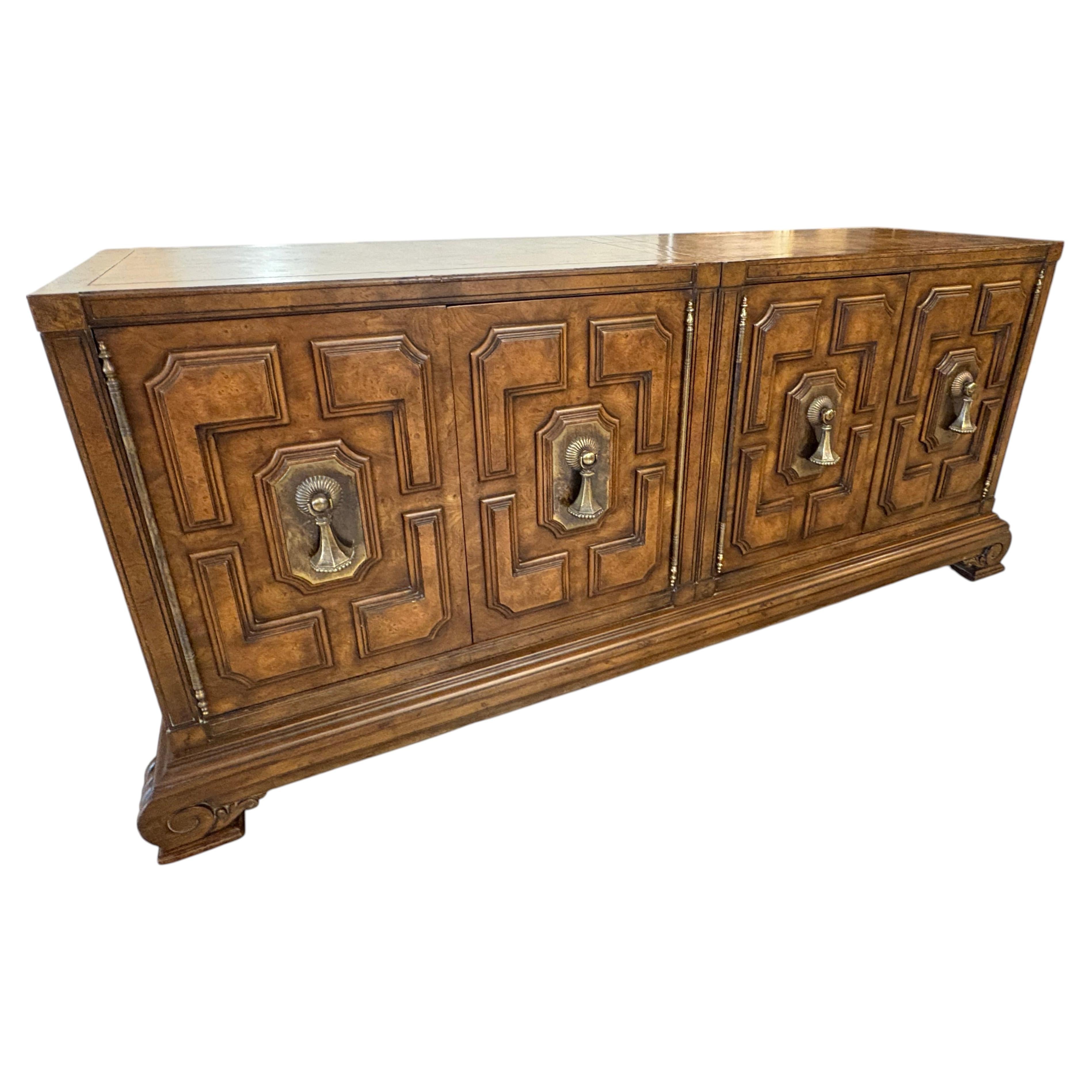 Vintage Mastercraft Credenza Sideboard 1970s Burl Wood & Brass Tassel Pulls For Sale