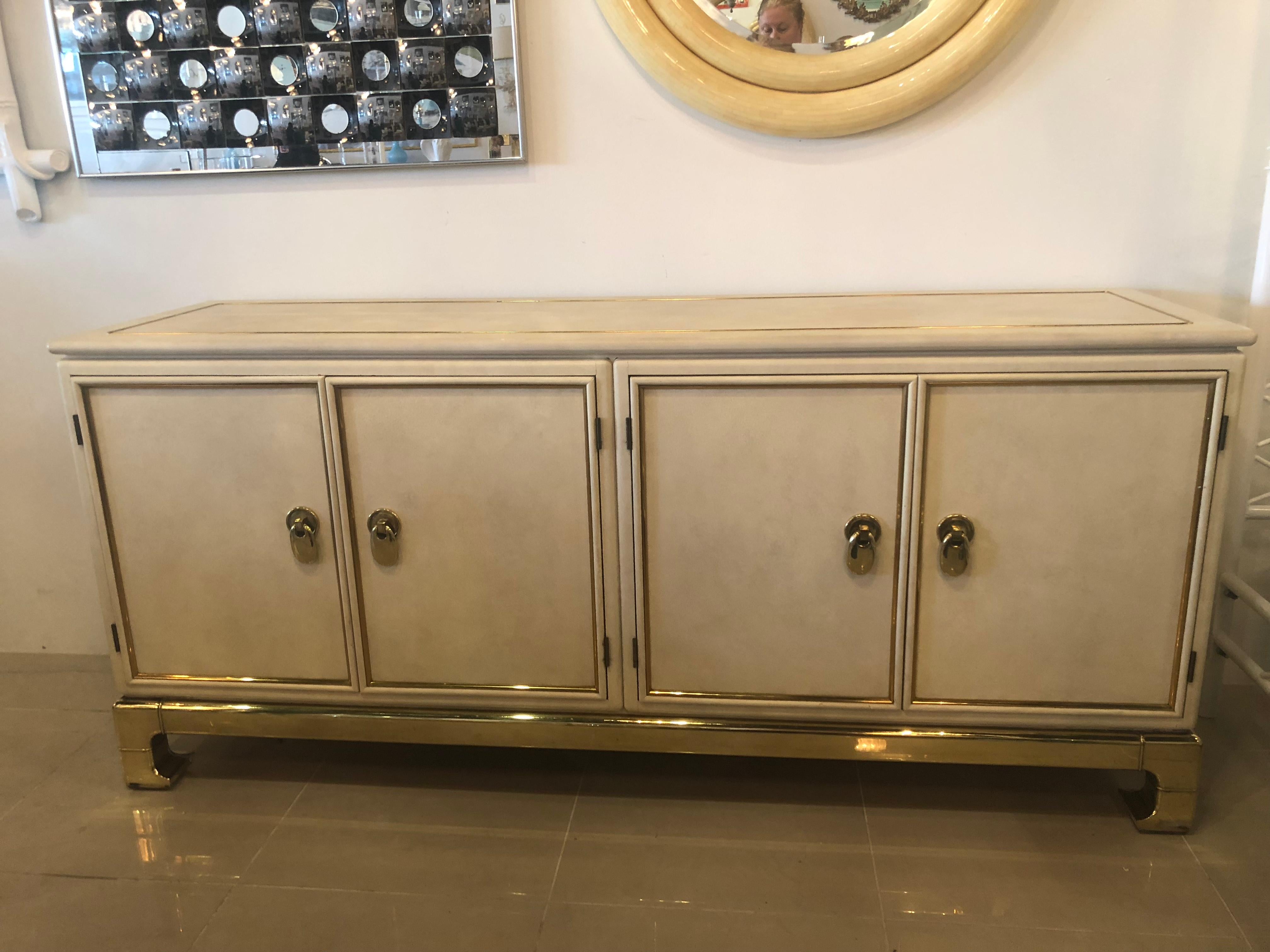 Hollywood Regency Vintage Mastercraft Faux Leather and Brass Ming Credenza Buffet Sideboard