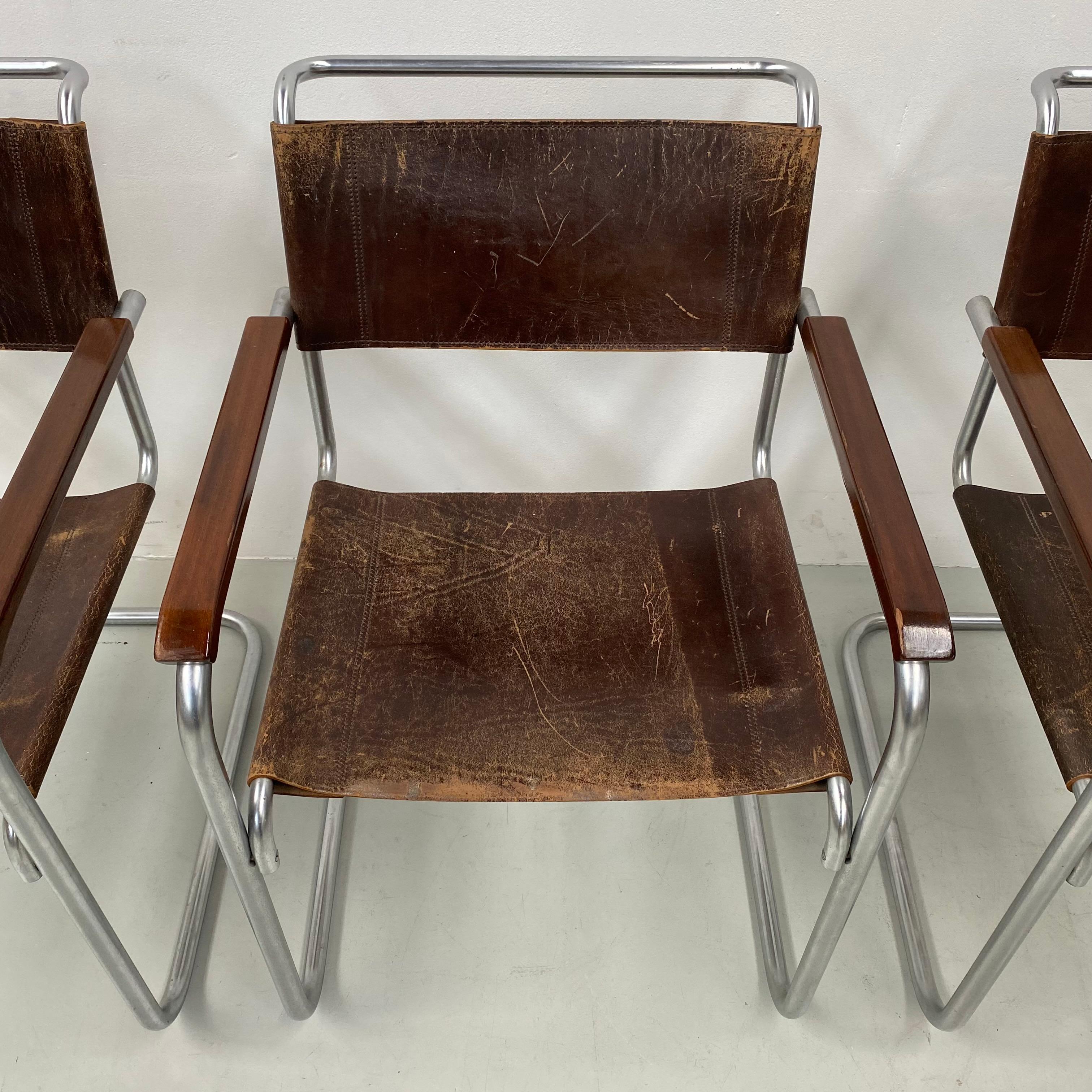 Polychromed Vintage Mat Chrome B34 Bauhaus Leather Arm Chairs by Marcel Breuer, 1960s