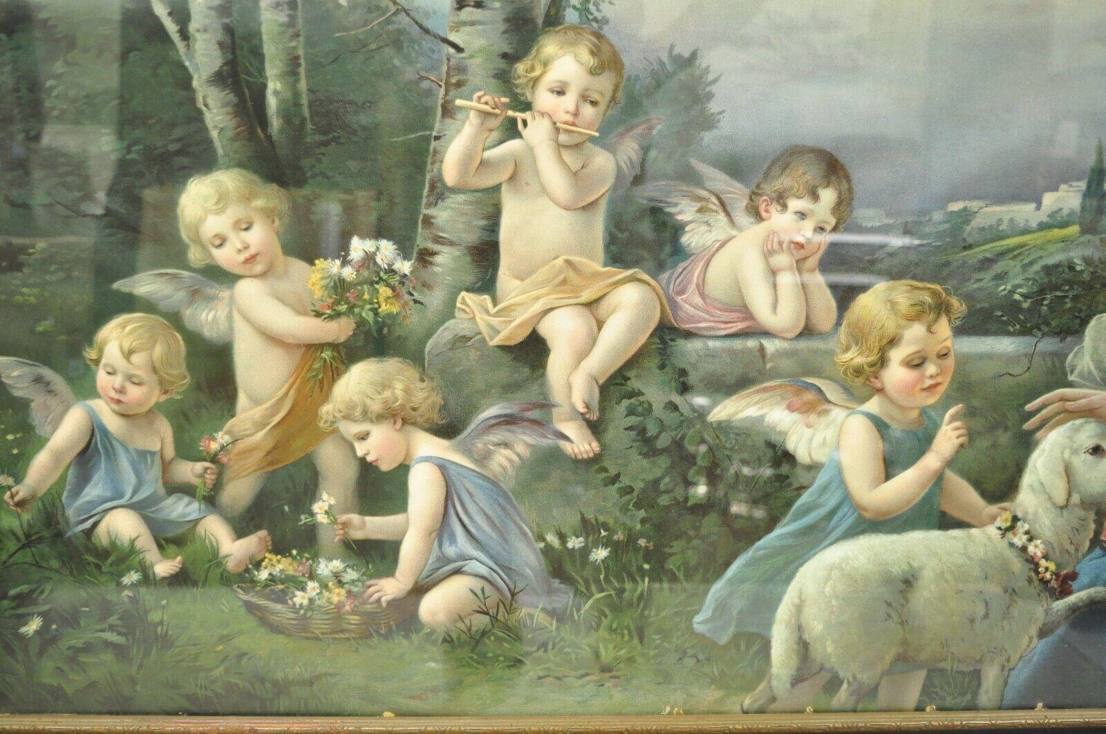 Vintage Mataloni Giovanni Large Art Print of Mary Jesus Lamb Angels. item features a vintage 
