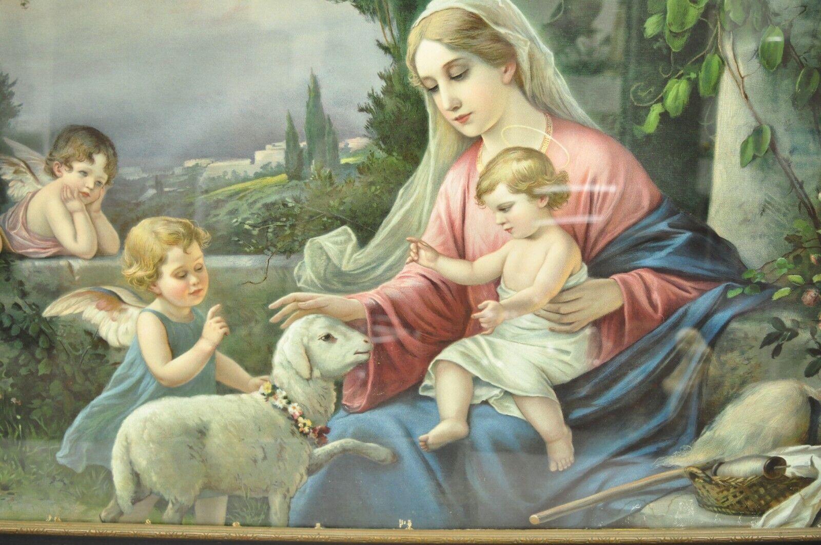 Classical Roman Vintage Mataloni Giovanni Large Art Print of Mary Jesus Lamb Angels For Sale