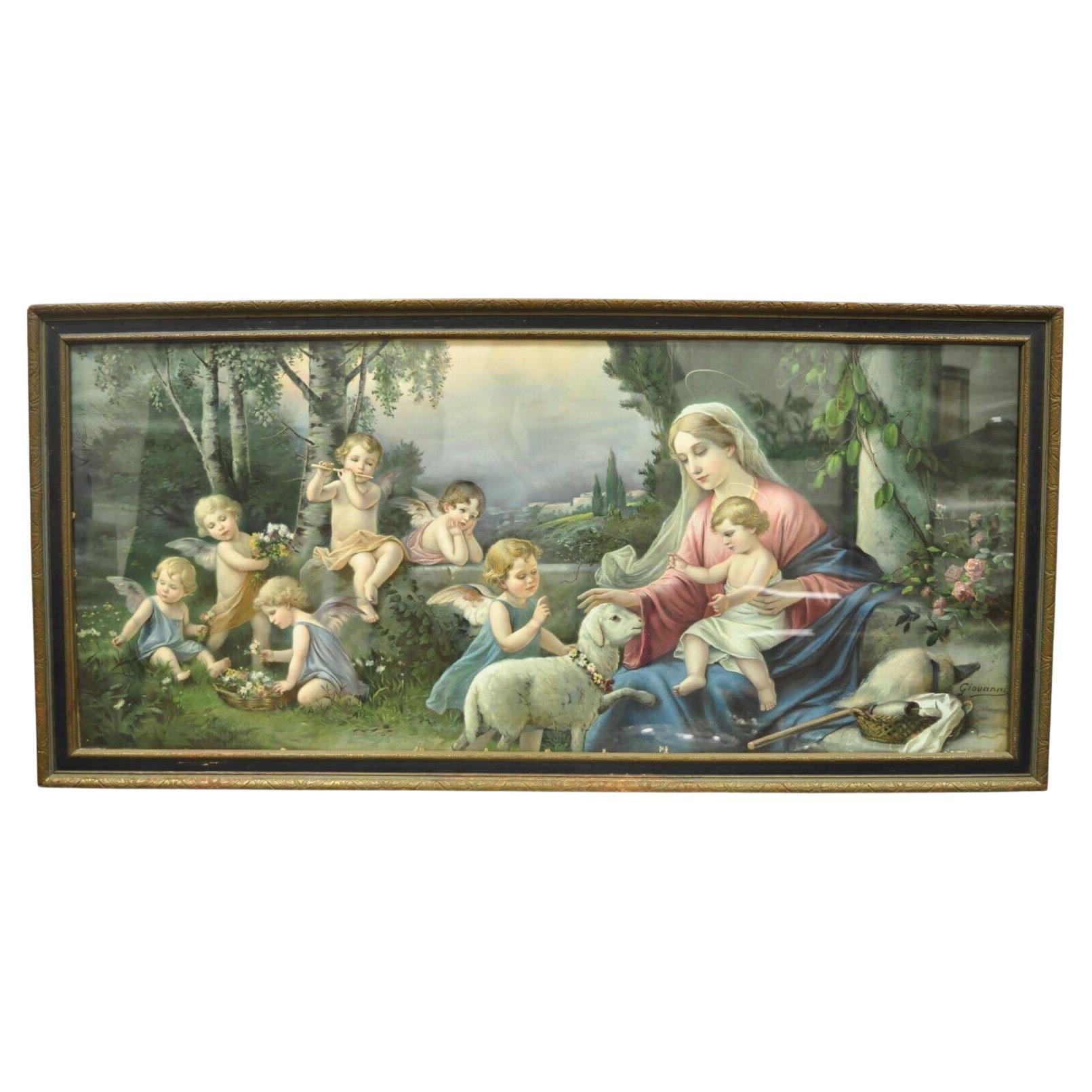 Vintage Mataloni Giovanni Large Art Print of Mary Jesus Lamb Angels For Sale