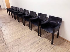 Vintage Matched Set of 8 Mario Bellini Black Leather Cab Armchairs for Cassina